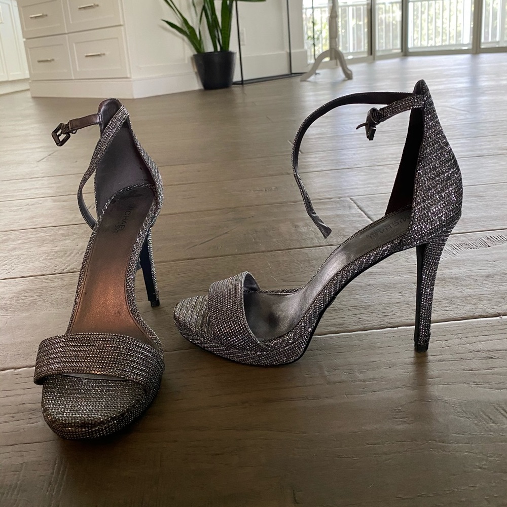 Metallic ankle strap sandal/heel